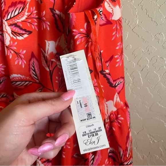 Eliza J Fit & Flare Halter Tiered Ruffle Dress Coral Floral - Picture 6 of 7